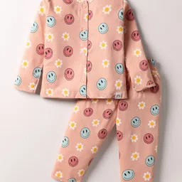 First Smile Sinker Knit Full Sleeves Co-ords Night Suit With Floral Print - Peach-picture-0