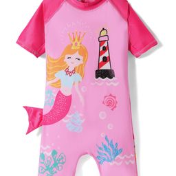 ROVARS Half Raglan Sleeves Legged Swimsuit with Mermaid Print & Tail Applique - Pink-image-78