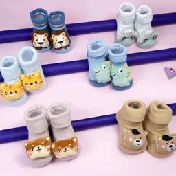 Yellow Bee Cotton Knit Pack Of 6 Animal 3D Applique Detailed Socks - Multi Colour-picture-11
