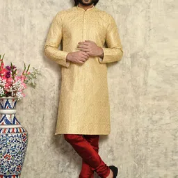 RANAK Floral Embroidered Mandarin Collar Sequinned Art Silk Straight Kurta With Churidar-image-27