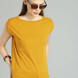 Roadster Women Mustard Yellow Solid Round Neck Relaxed Fit Cotton T-shirt-image-86