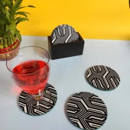 Crayton Black Wooden Geometric Printed Round Coasters with Holder - Set of 6-image-9