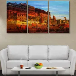 999Store Brown Banaras Ghat Art 3 Frame Canvas Paintings-32