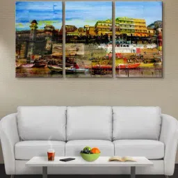 999Store Multicolor Banaras Ghat Art 3 Frame Canvas Paintings-41
