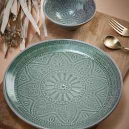 Fabindia Pushp Embossed Green Ceramic Bowl and Platter Set-image-49