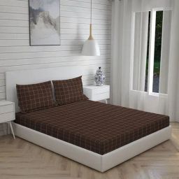 Boutique Living Wizard Checks Brown 146 TC Cotton King Bed Sheet with 2 Pillow Covers-image-91