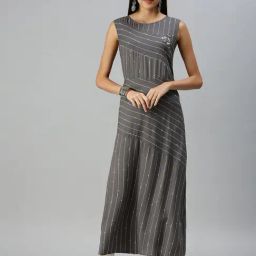 SHOWOFF Grey Cotton Printed Calf Length A Line Kurta-42