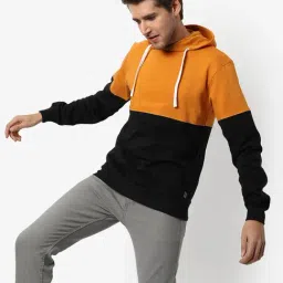 Campus Sutra Mustard & Black Cotton Regular Fit Colour-Block Hooded Sweatshirt-image-84