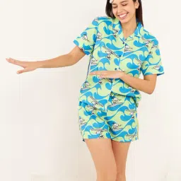 Sweet Dreams Green& Blue Printed Shirt With Shorts-image-67