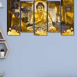 SAF Yellow & Grey 5 Pieces Wood Buddha Religious Wall Art-5