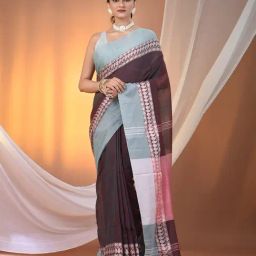 CHARUKRITI Maroon & Teal Dual Tone Cotton Solid Saree With Unstitched Blouse-picture-32