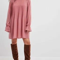 DressBerry Women Solid High Neck Party A-Line Dress-image-93
