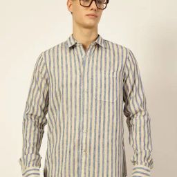 Thomas Scott Royal Blue Linen Slim Fit Vertical Stripes Shirt-image-36