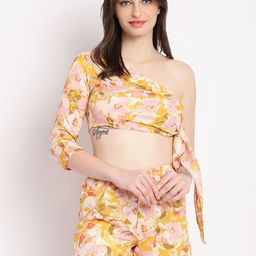 EROTISSCH Yellow Floral Printed One Shoulder Crop Top With Shorts-image-9