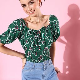 Mast & Harbour Floral Printed Tie-Up Neck Smocked Detail Cinched Waist Top-48