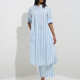 Utsa by Westside Blue Stripe Pattern Cotton A-Line Kurta-image-96