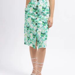 Elle Green & White Floral Print Midi Skirt-image-86