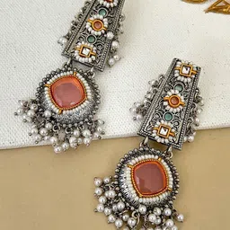 Zeviel Silver-Plated Stones Studded & Beaded Contemporary Oxidised Drop Earrings-image-7