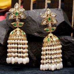 Saraf RS Jewellery Gold Green AD Studded Pearl Jhumki Earrings-image-67