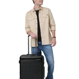 CALVIN KLEIN IN STEREO Black Textured Medium Hard Sided Checked Luggage-image-72