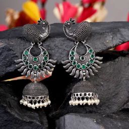 Saraf RS Jewellery Peacock design Oxidised Jhumka Earrings-11