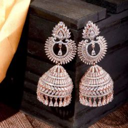 Saraf RS Jewellery Rose Gold White AD Studded Jhumka Earrings-image-52