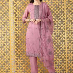 Anouk Women Floral Embroidered Regular Thread Work Kurta with Pyjamas & With Dupatta-picture-3