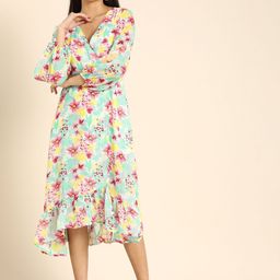 DODO & MOA White & Green Floral Print Georgette Midi Dress-image-49