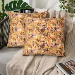 Tesmare Orange & Multicoloured Set of 2 Floral Velvet Square Cushion Covers-17
