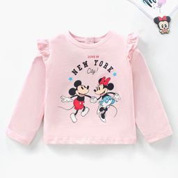 Babyhug Full Sleeves Cotton Tee With Frill Detailing Mickey & Minnie Mouse Graphics- Light Pink-image-90