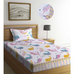 Arrabi White Cartoon TC Cotton Blend Single Size Fitted Bedsheet with 1 Pillow Cover- Multicolour-13