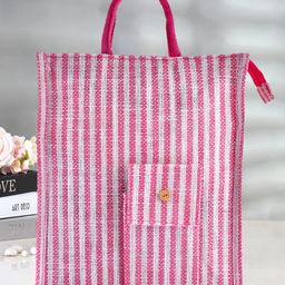 Kuber Industries Shopping Bag  Jute Carry Bag  Zipper Grocery Bag with Handle  Reusable Shopping Bag  Carrying Bag With Front Pocket  Lining-Grocery Bag  Medium  Pink-image-63