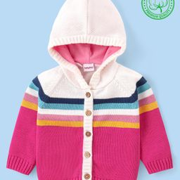 Babyhug Cotton Knit Full Raglan Sleeves Hooded Sweater With Colour Block Design - Pink-image-58
