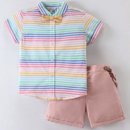 ToffyHouse Poplin Woven Half Sleeves Striped Shirt & Shorts Set with Bow & Suspender - Peach-image-33
