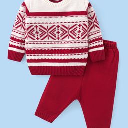 Babyhug Knitted Full Sleeves Pullover   Sweater Set with Aztec Design - Red-image-16