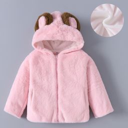 Kookie Kids Full Sleeves Front Open Hooded Fur Jacket With Ears Applique - Pink-image-36