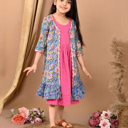 Kinder Kids Cotton Three Fourth Sleeves Floral Printed Shrug With Striped Dress - Pink & Blue-image-2