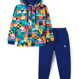 Pine Kids Cotton Knit Full Sleeves Hooded Sweatshirt & Joggers Set with Abstract Print & Kangaroo Pockets -Navy Blue-image-25