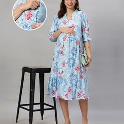 Mamma's Maternity Rayon Three Fourth Sleeves Floral Printed Maternity Dress With Concealed Zipper For Nursing Access - Sky Blue-image-5