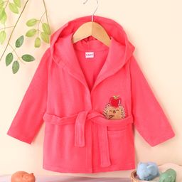 Babyhug Full Sleeves Cotton Knit Hooded Bath Robe  Animal Embroidery with Pocket - Red-image-57