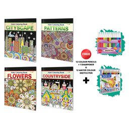 Cityscape, Patterns, Flowers and Countryside-Adult Colouring Book with 12 Water Colour Sketch Pens &12 Colour Pencils+1 Sharpener : Art Coloring Kit,Coloring Book for Adults|Combo of 4 Colouring Books -English-image-77