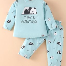 Teddy Sinker Knit Full Sleeves Panda Printed Night Suit - Light Blue-picture-12