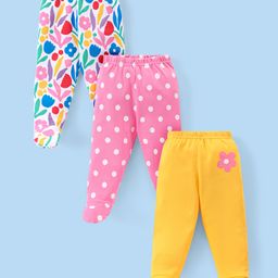 Babyhug  Cotton Knit Bootie Leggings with Floral Print Pack of 3 - Pink Yellow & White-image-54