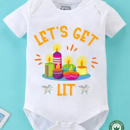 BLUSHES Diwali Theme 100% Cotton Half Sleeves Lets Get Lit Text Printed Onesie - White-picture-4