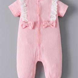 Mark & Mia Half Sleeves Striped Cotton Romper With Bow Applique & Frill Detailing - Pink-image-33