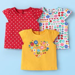 Babyhug Cotton Knit Cap Sleeves T-Shirts with Floral Print Pack of 3 - Red Yellow & White-image-46