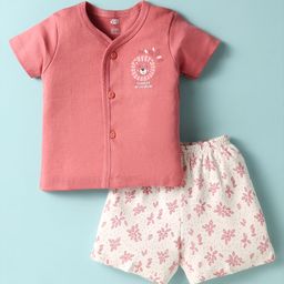 Zero Interlock Knit Front Open Half Sleeves Shorts Night Suit With Animal & Tropical Print - Pink & White-6
