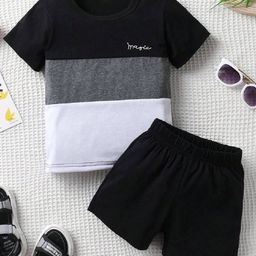 Bolly Lounge Cotton Blend Half Sleeves Colour Blocked Tee & Shorts Set - Black-image-4