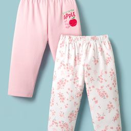 Ben Benny 100% Cotton Knit Full Length Leggings with Floral Print Pack of 2 - White & Pink-image-87
