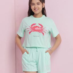 Lil Tomatoes Cotton Jersey Knit Half Sleeves Crab Printed & Striped Night Suit Set - Light Green-picture-16